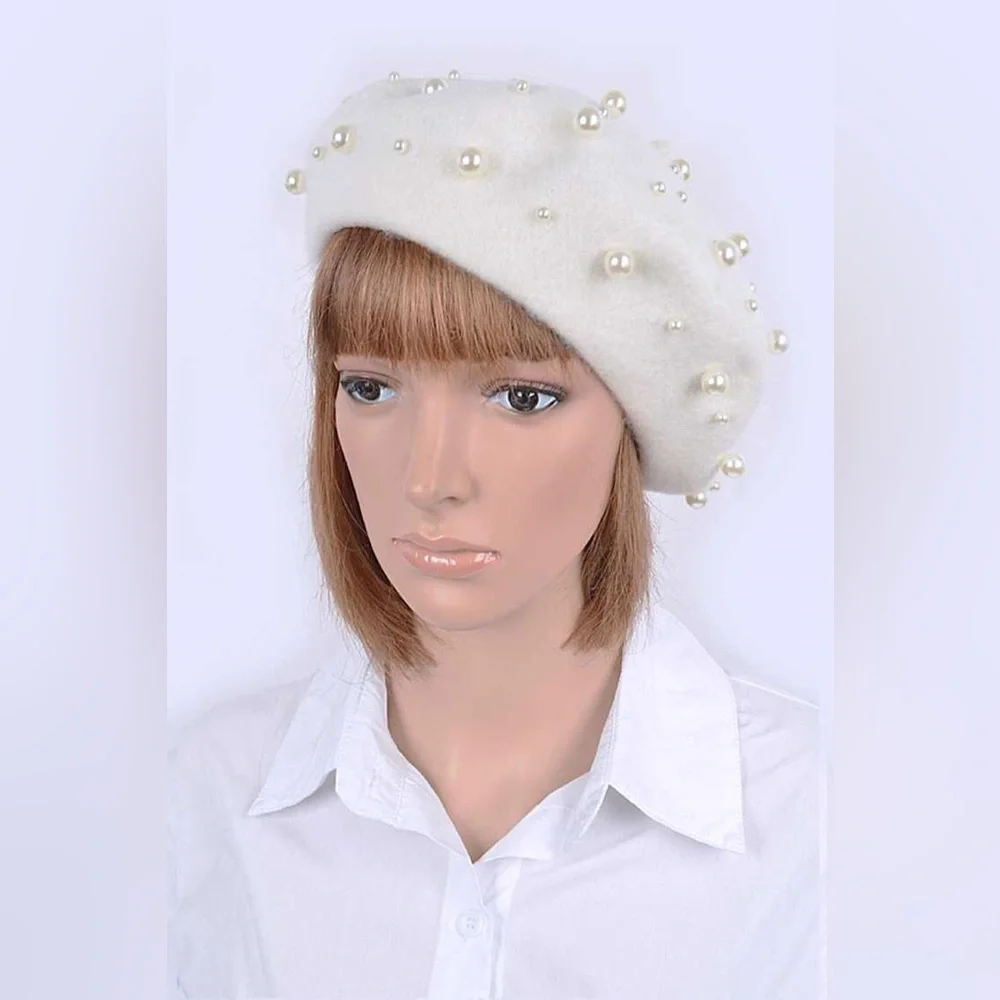 Beret With Pearls and Metal Accents
